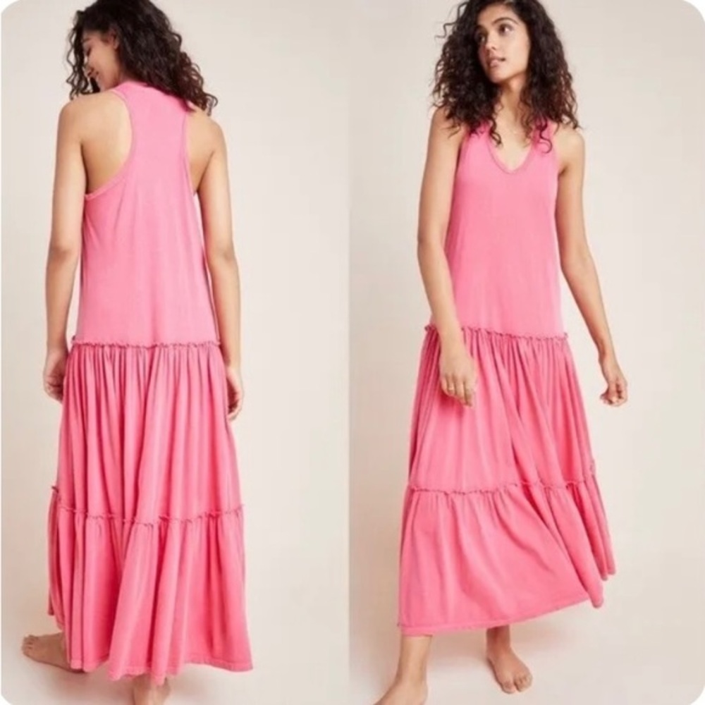 Anthropologie Sundry Cotton Modal Pink Ruffle Tier Maxi Dress EUC Women’s Size-M